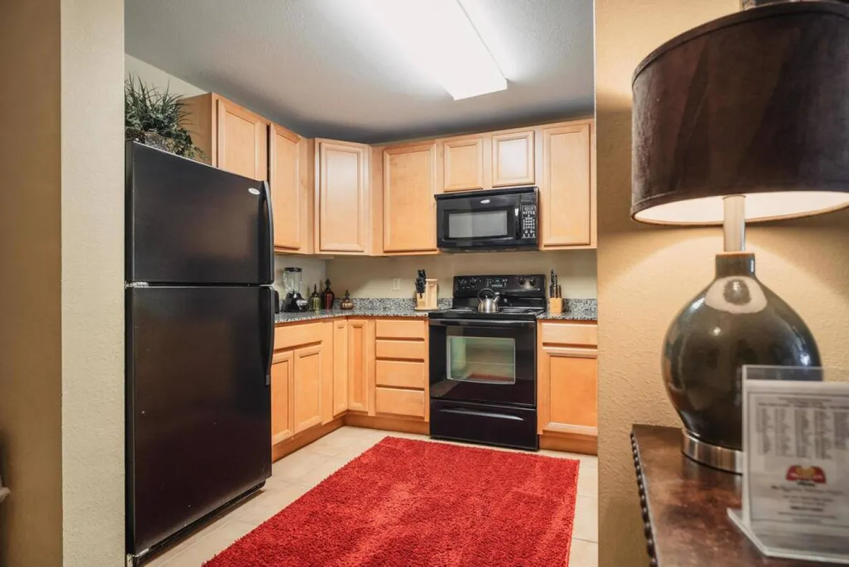 This image showcases a kitchen equipped with a black refrigerator, black stove, granite countertops, a red rug, and a table lamp. The layout is open and inviting, emphasizing the main appliances and generous counter space for meal preparation and group cooking.